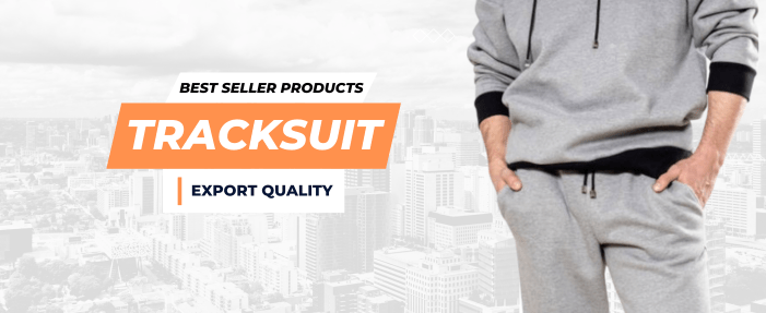 Tracksuit product thumbnail with color options B8B6B9 and 100E15, featuring a product image on the side and text indicating best seller, color, and export quality.