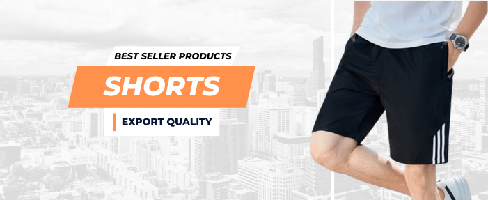 Shorts product thumbnail with color code 172027, featuring a side view product image and text indicating best seller, color, and export quality.